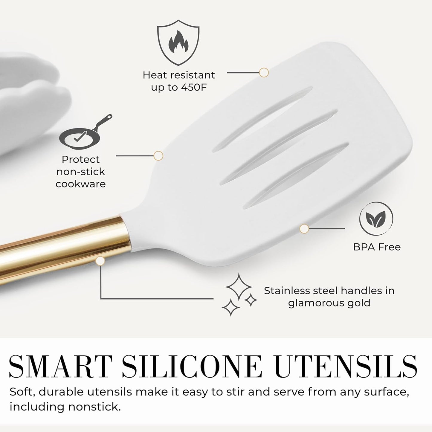 Styled Settings White and Gold Kitchen Utensils Set - 15-Piece BPA free, Non-Scratch, Utensils Set Includes White Silicone Cooking Utensils and Measuring Cups and Spoons