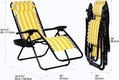 Nazhura Set of 2 Relaxing Recliners Patio Chairs Adjustable Steel Mesh Zero Gravity Lounge Chair Beach Chairs with Pillow and Cup Holder (Yellow Stripe)