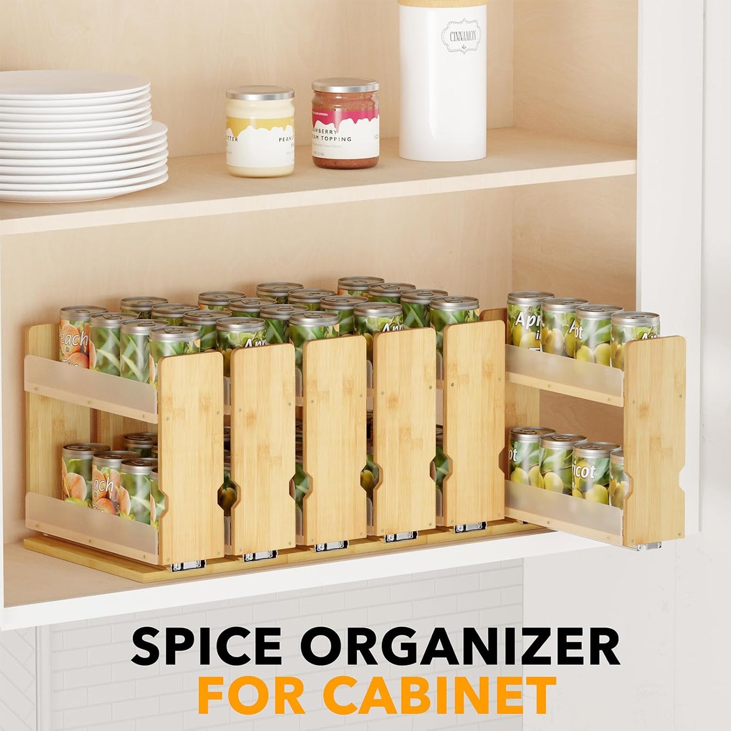 SpaceAid Bamboo Pull Out Spice Rack Organizer for Cabinet, Heavy Duty Slide Out Seasoning Kitchen Pantry Sliding Vertical Organization, 7.3" Wide, 2 Drawers(3" Wide), 2-Tier, Natural