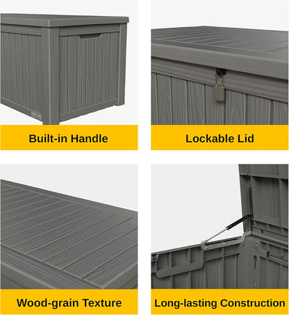 EAST OAK Outdoor Storage Box, 150 Gallon Deck Box, Large Resin Storage Bin for Patio Cushions, Gardening Tools, Lockable, Waterproof and UV Resistant, Grey