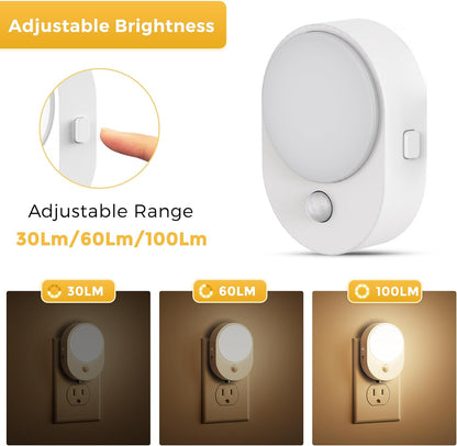 L LOHAS LED Motion Sensor Night Light,[2-PACK] Night Lights Plug into Wall,Motion Sensor and Dusk to Dawn Sensor,3000K Soft White,30/60/100lm Brightness Dimmable,Nightlight for Bathroom Hallway