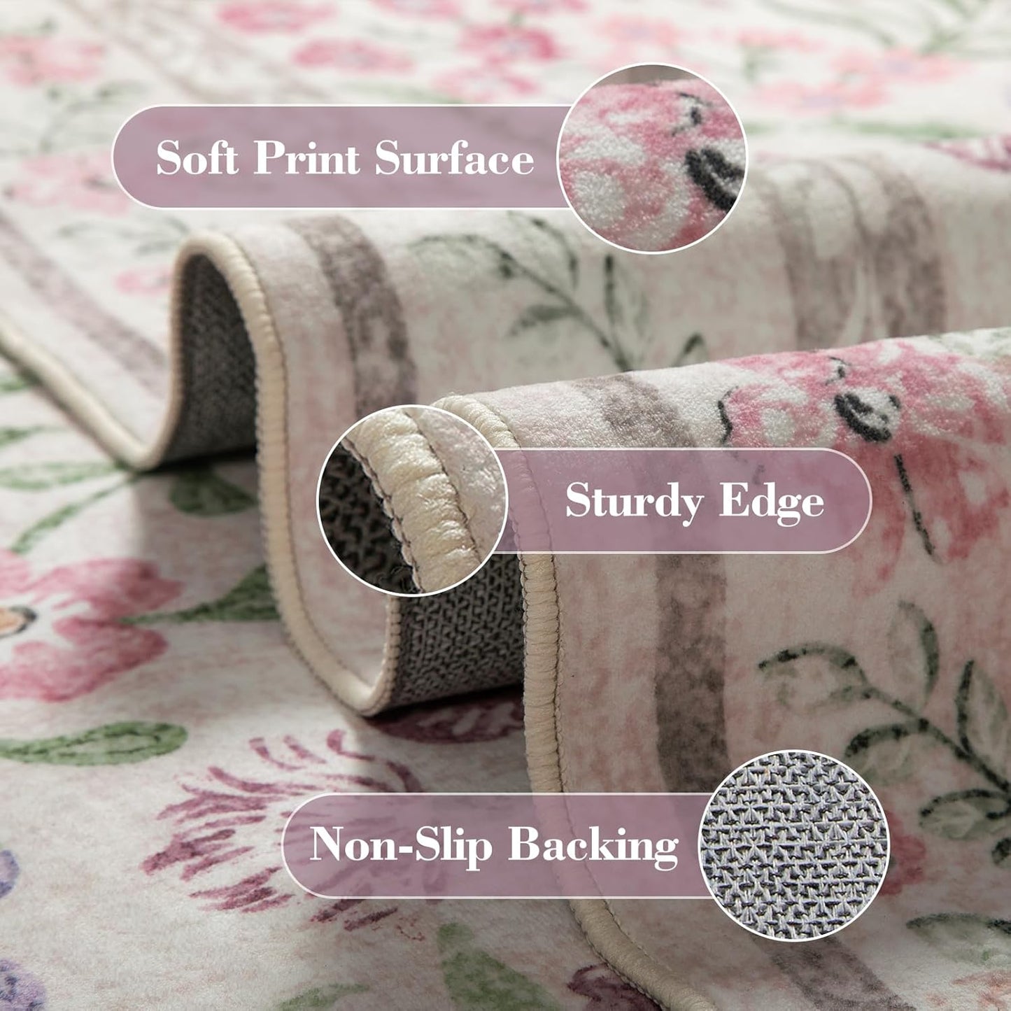 Wonnitar Purple Floral 8x10 Area Rugs, Washable Rug for Living Room, Soft Ultra-Thin Non-Shedding Large Indoor Boho Carpet for Bedroom Nursery Playroom Classroom Decor, Light Purple/Pink