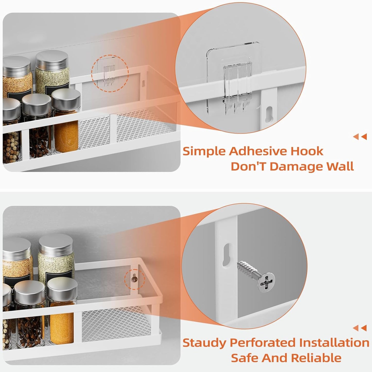 Spice Rack Wall Mounted, 4 Pack Pantry Door Organizer & Hanging Storage Baskets Organizer Wall Mount, Large Capacity Metal Spice Shelf for Kitchen Cabinet, Bathroom, Shower, Home Decor