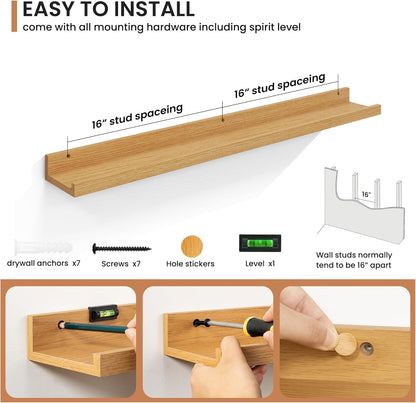 Fun Memories Picture Ledge Shelves Set of 2, 36 Inch Rustic Wall Mounted Floating Shelves with Lip for Home Storage and Décor in Bathroom, Kitchen, Nursery, Bedroom, Living Room, Oak