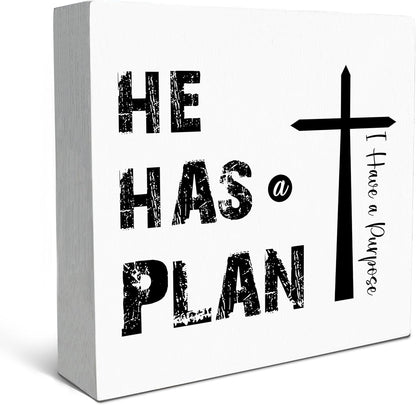 SRADMO He Has a Plan Jesus Wood Box Sign Desk Decor, Bible Verse Decor, Christian Theme Wooden Block Box Sign Decoration for Home Office Shelf Table Decors