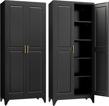Kitchen Pantry Cabinet,75”Black Metal Storage Cabinets with Doors and 4 Adjustable Shelves,Kitchen Cabinet with 2 Gold Handles,Tall Cabinet for Livingroom, Bathroom