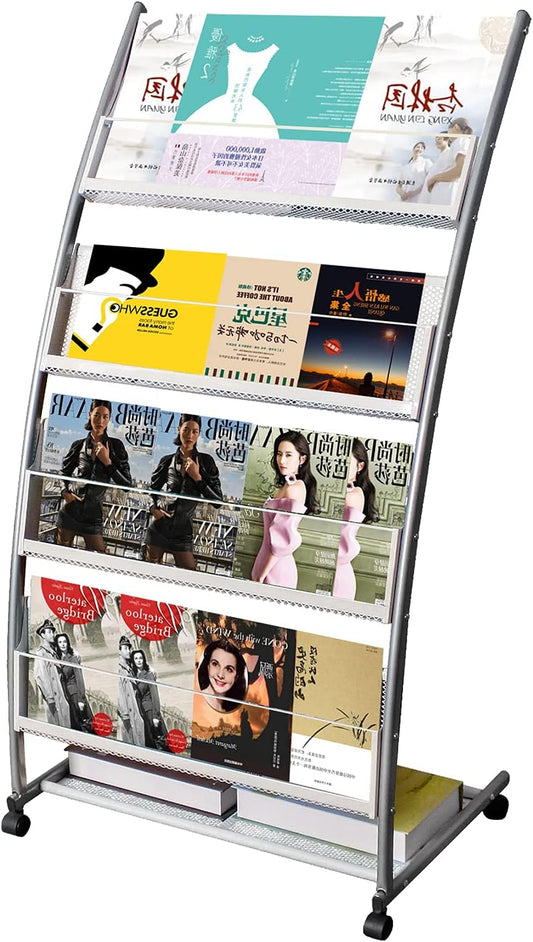 Brochure Display Stand, Floor-Standing Magazine Rack with 4 Pockets, Information Rack With casters Easy to Move for Trade Show Exhibitions Office Retail Store 44.1" H