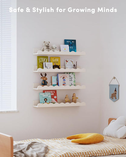 Kids' Bookshelf Set of 4 - White Floating Nursery Book Shelves, Picture Ledge Shelf for Wall Decor and Storage - Perfect for Books, Toys, Photo Frames, and Nursery Décor