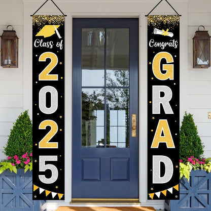 Graduation Decorations 2025 GRAD Banner Black Porch Door Sign Welcome Banner For Indoor Outdoor Wall Graduation Decorations Class of 2025