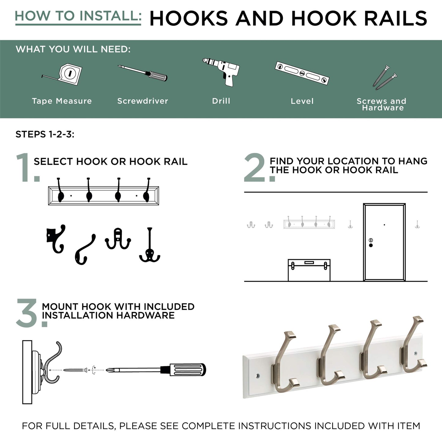 Liberty 129849 18-Inch Coat and Hat Hook Rail/Rack with 4 Heavy Duty Hooks, White and Satin Nickel