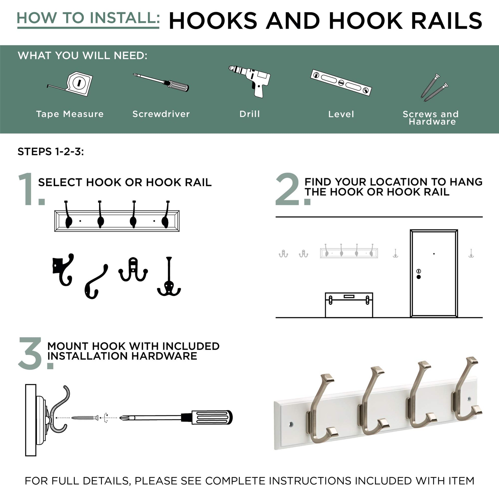 Liberty 129849 18-Inch Coat and Hat Hook Rail/Rack with 4 Heavy Duty Hooks, White and Satin Nickel