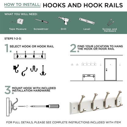 Liberty 129849 18-Inch Coat and Hat Hook Rail/Rack with 4 Heavy Duty Hooks, White and Satin Nickel