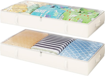 2-Pack Under Bed Storage, 6 Inches Tall Closet Organizers and Storage Bins with Sturdy Sidewalls/Bottom/4 Handles, Beige