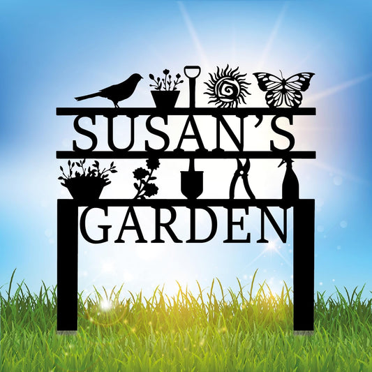 Personalized Garden Sign, Custom Garden Tools Sign with Stakes, Garden Sign with Last Name, Personalized Flower Garden Name Sign, Yard Sign, Lawn Sign, Custom Family Name Garden Sign, Farmhouse Decor
