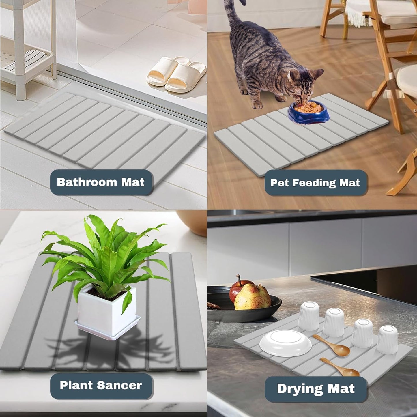 Large Stone Dish Drying Mats for Kitchen Counter, Quick Dry Absorbent Collapsible Dish Drying Mat,Diatomaceous Earth Mats for Dishes Bottles Cups,Match Any Countertop,Grey 16 * 12inch