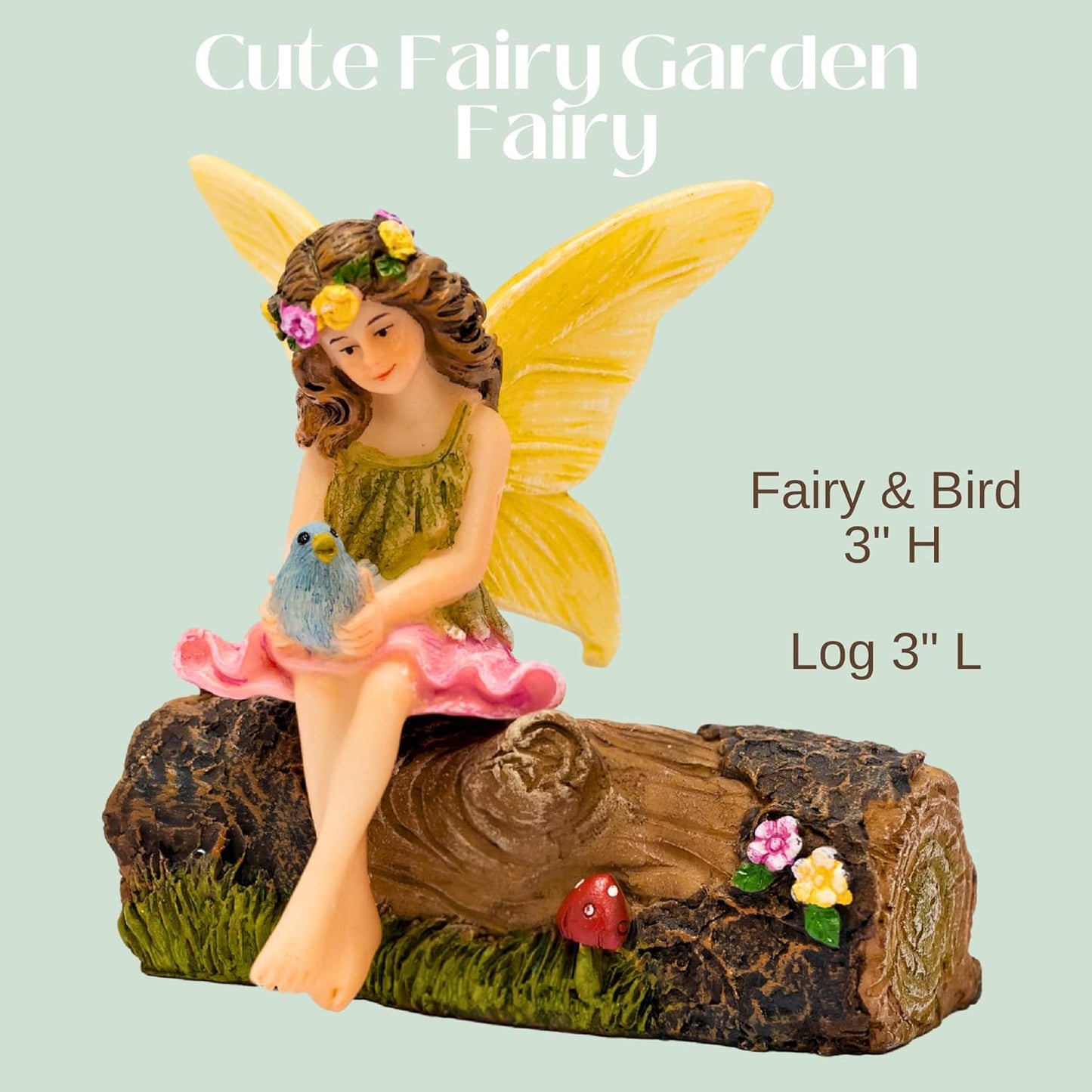 PRETMANNS Fairy Garden Fairies – Cute Accessories for Indoor or Outdoor Miniature Garden - Figurine Vicky on a Decorated Log – 2 Items