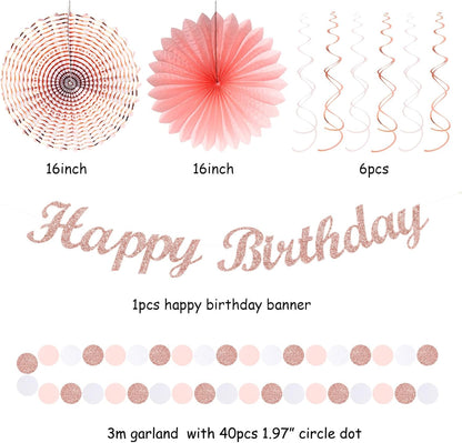 Pink White Rose-Gold Birthday Party-Decorations - 21pcs Happy Banner, Paper Lanterns,Tissue Pom Poms Flower Fan,Honeycomb Ball,Swirl Streamers Garland Supplies Decor Girls Women Huglony