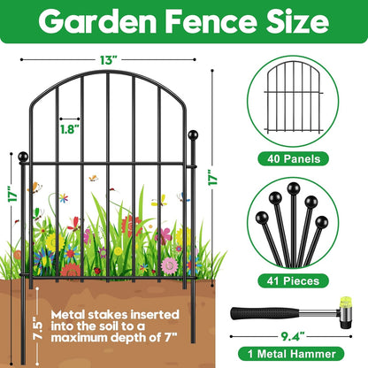 Decorative Garden Fence 17in (H) x40ft (L), Arched Rustproof Metal No Dig Fence for Dogs & Rabbit, Ornamental Animal Barrier for Flower Beds, Border Panels Fencing for Yard & Patio Outdoor Decor