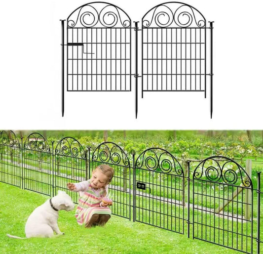 Tall Garden Fence with Gate, 40 Inch(H) 2 Panels Total Length 4.4 Ft Dog Fences Outdoor for Yard, Black Metal No Dig Fencing for Dogs│Patented