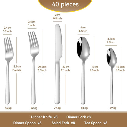 40 Piece Heavy Duty Silverware Set for 8, 18/10 Stainless Steel Flatware, Stainless Steel Silverware, Dishwasher Safe