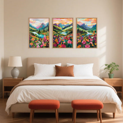 Celestdeco Wildflower Blossom Framed Canvas Wall Art Set, Colorful Flowers Painting, Abstract Landscape Wall Decor, Natural Ridge Floral Art Print for Living Room, Dining Room, Office - 24"x36"x3