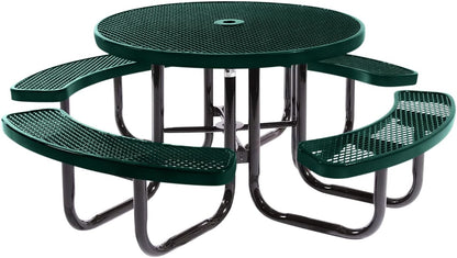 Heavy-Duty Portable Outdoor Picnic Table with Umbrella Hole, Expanded Metal Commercial-Grade Patio Dining Furniture Made in America (46" Round Top, Textured Dark Green)