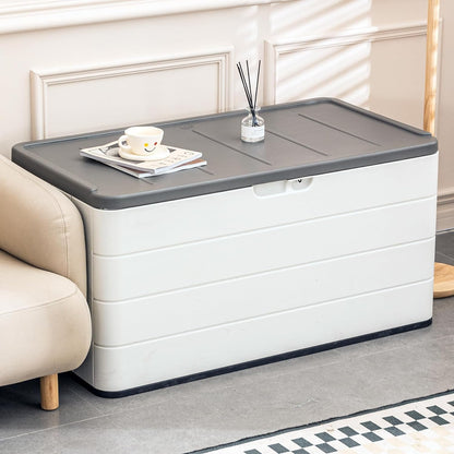 100 Gallon Plus Resin Deck Box, Waterproof Outdoor Storage Bin for Patio Furniture, Pool Accessories, and Garden Tools, Lockable & UV-Resistant, White