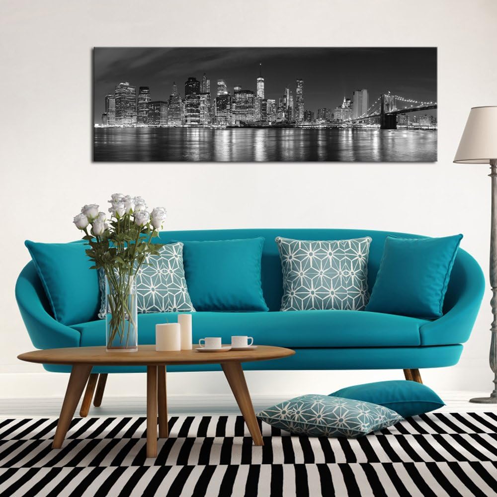 Wieco Art New York Manhattan Night View in Black and White Giclee Canvas Prints Modern Stretched and Framed Art work Cityscape Pictures Paintings on Canvas Wall Art for Bedroom Home Decorations