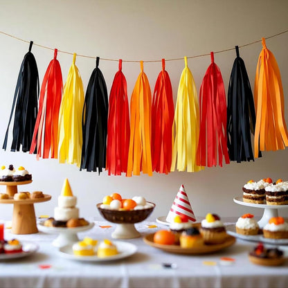 Fire Truck Tissue Tassel Garland - DIY Firefighter Birthday Party Decorations with 20 Pre-Cut Yellow Red Black Orange Paper Garland Banner, for Baby Shower,Race Car,Fire Truck Theme