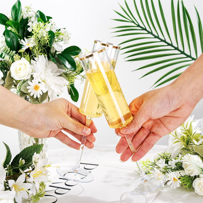 Ciaell 24 Pack Plastic Champagne Flutes - 6Oz Gold Rim Disposable Champagne Glasses - Square Clear Plastic Toasting Glasses for Party Birthday Anniversary Wedding