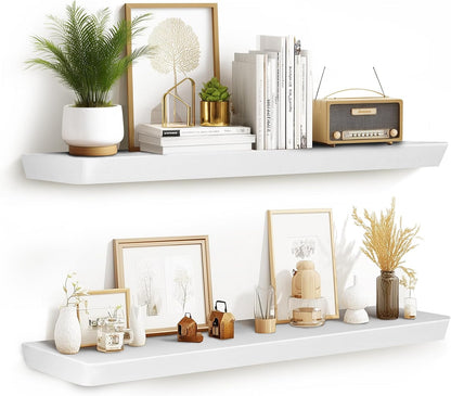 36"x6.8"x1.6" Slanted Floating Wall Shelves 2-Pack - Rustic White Finish, Heavy-Duty Solid Wood Design with Hidden Brackets - Perfect for Living Room, Kitchen, Bathroom, or Office