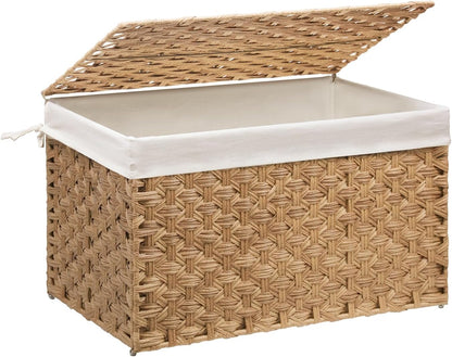 Wicker Storage Basket with Lid, 27.7 Gallon (105L) Large Blanket Basket with Lid, Woven Storage Bin with Handles, Removable Liner, Metal Frame, Foldable, for Bedroom, Laundry Room, Natural