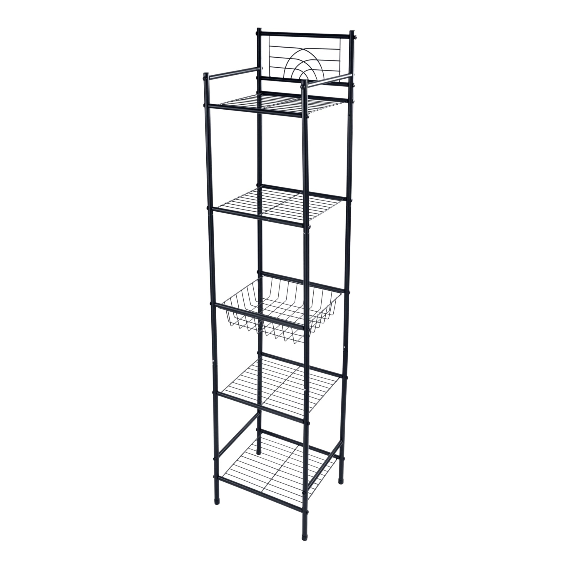 Bath Bliss 5 Tier Freestanding Bathroom Storage Shelf, Black Metal Organizer Rack | Rust Resistant