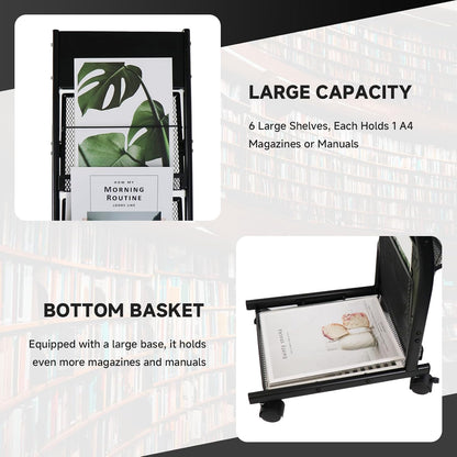 Floor-Standing Magazine Rack 6-Layer with Wheels, Brochure Display Stand for Exhibitions, Office, and Any Organization Requiring Information Display