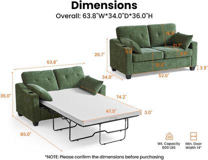 CHIC HOUSE Pull Out Sofa Bed, Full Size Sleeper Sofa, 2-in-1 Convertible Chenille Couch with USB Charging, Memory Form Couch for Living Room, Apartment & Small Space (Green, Chenille - Full)