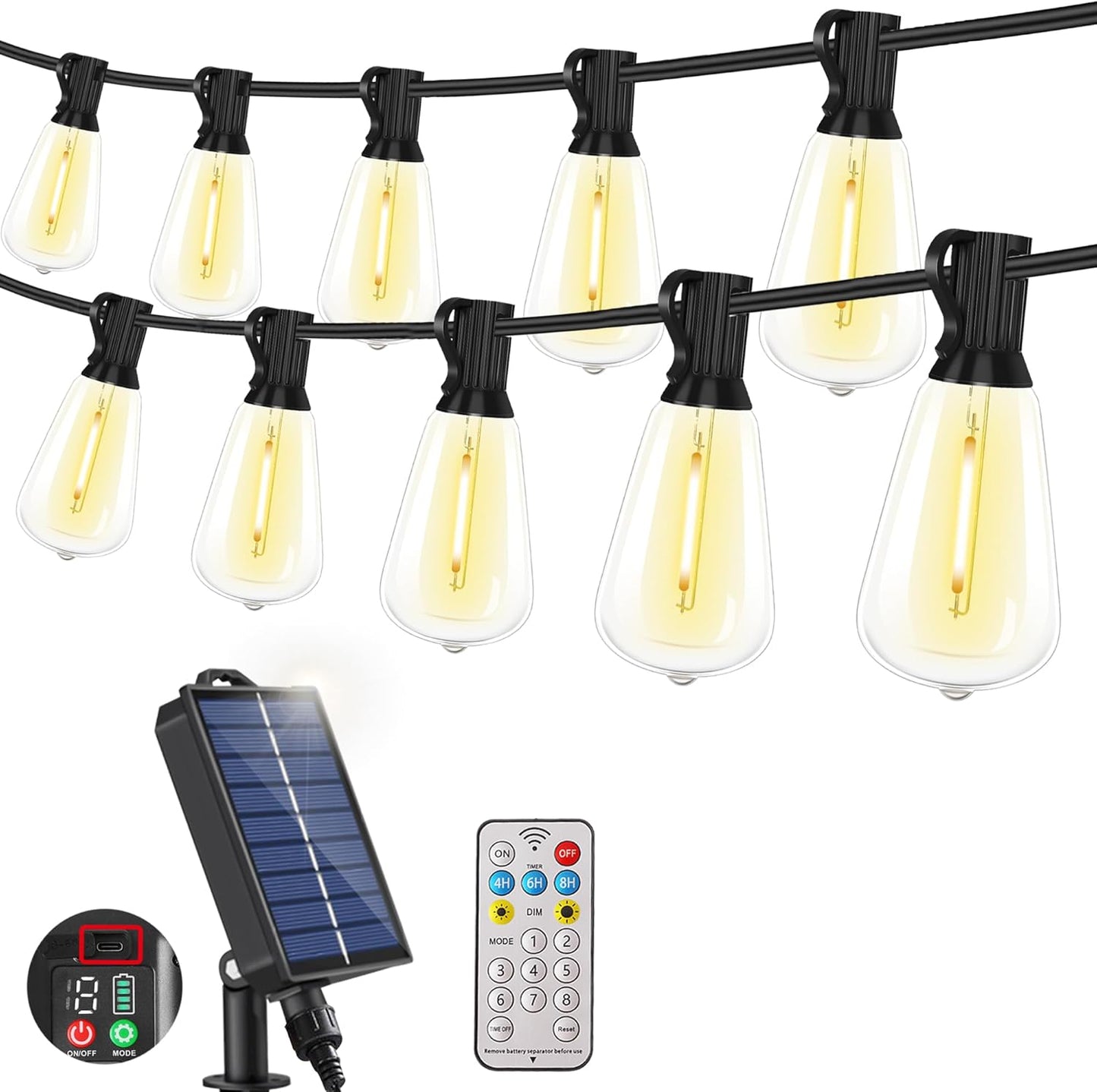 Solar Powered Warm White LED Outdoor String Light with Remote Control, Shatterproof Light Bulbs for Backyard Garden Patio Pergola Gazebo Bistro Bedroom Christmas Wedding Party (10+1 Bulbs)