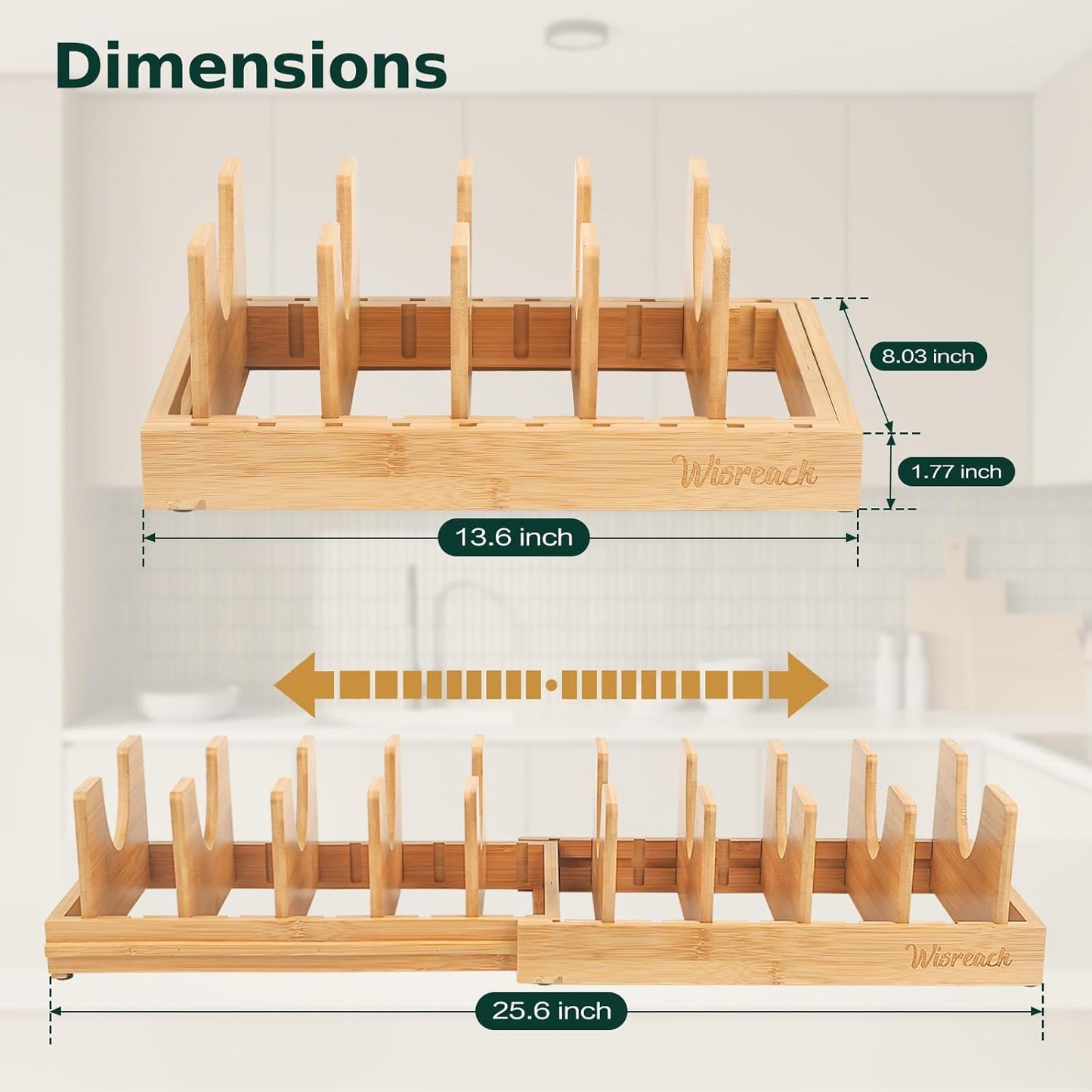 Bamboo Pot Lid Organizer, Adjustable Kitchen Organizer for Cabinet, Expandable Pot and Pan Storage Rack, Kitchen Organization for Lids, Bakeware, and Cutting Boards
