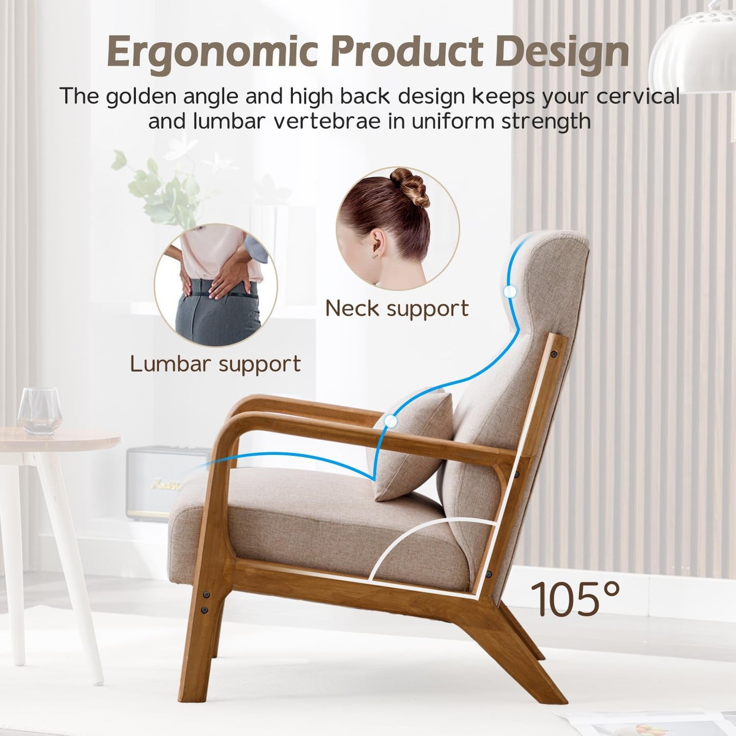 INZOY Mid Century Modern Accent Chair Set of 2, High Back Reading Armchair with Wood Frame, Upholstered Living Room Chairs with Waist Cushion, Single Lounge Arm Chair for Bedroom Sunroom, Beige