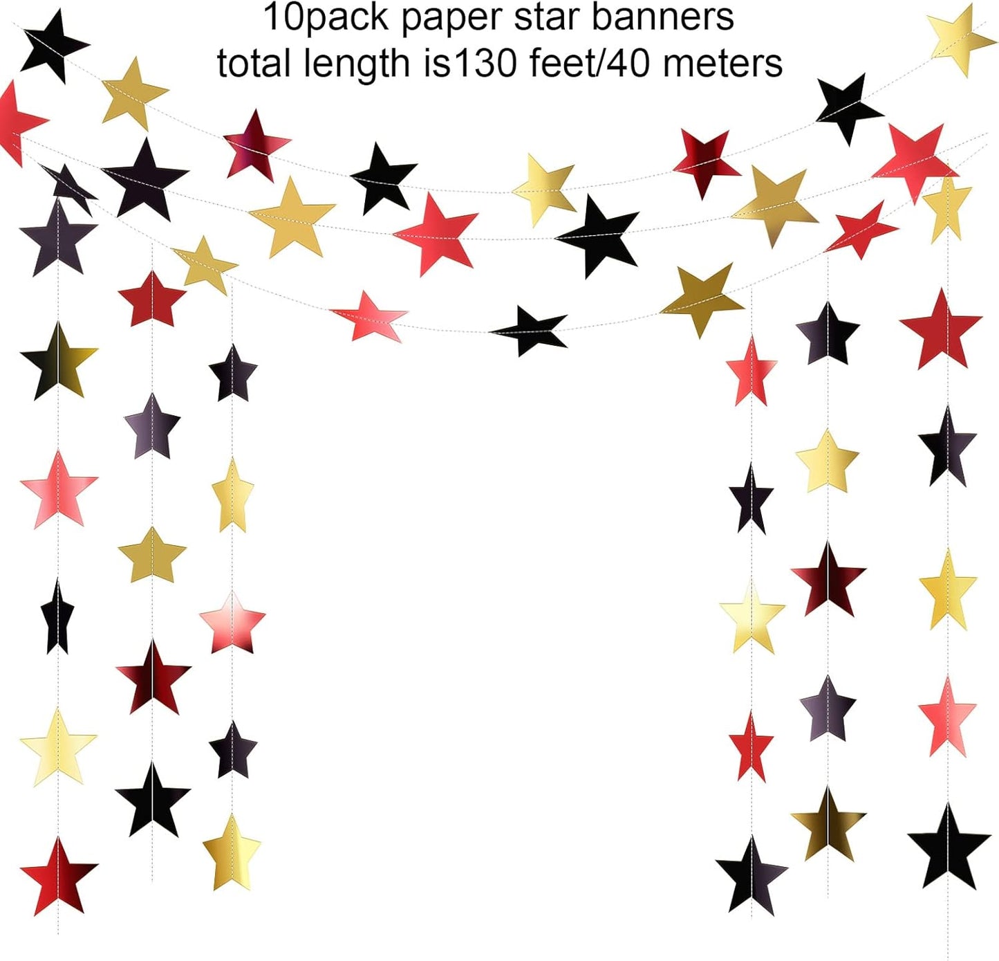 Patelai Glitter Star Garland Banner Decor 130 Feet Star Hanging Bunting Banner Twinkle Backdrop for Homecoming Classroom Wedding Birthday Halloween Christmas Party Supplies(Red, Black, Gold)