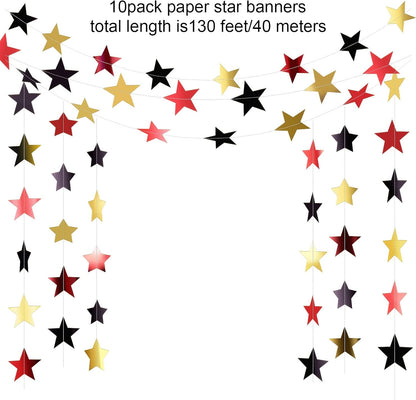 Patelai Glitter Star Garland Banner Decor 130 Feet Star Hanging Bunting Banner Twinkle Backdrop for Homecoming Classroom Wedding Birthday Halloween Christmas Party Supplies(Red, Black, Gold)