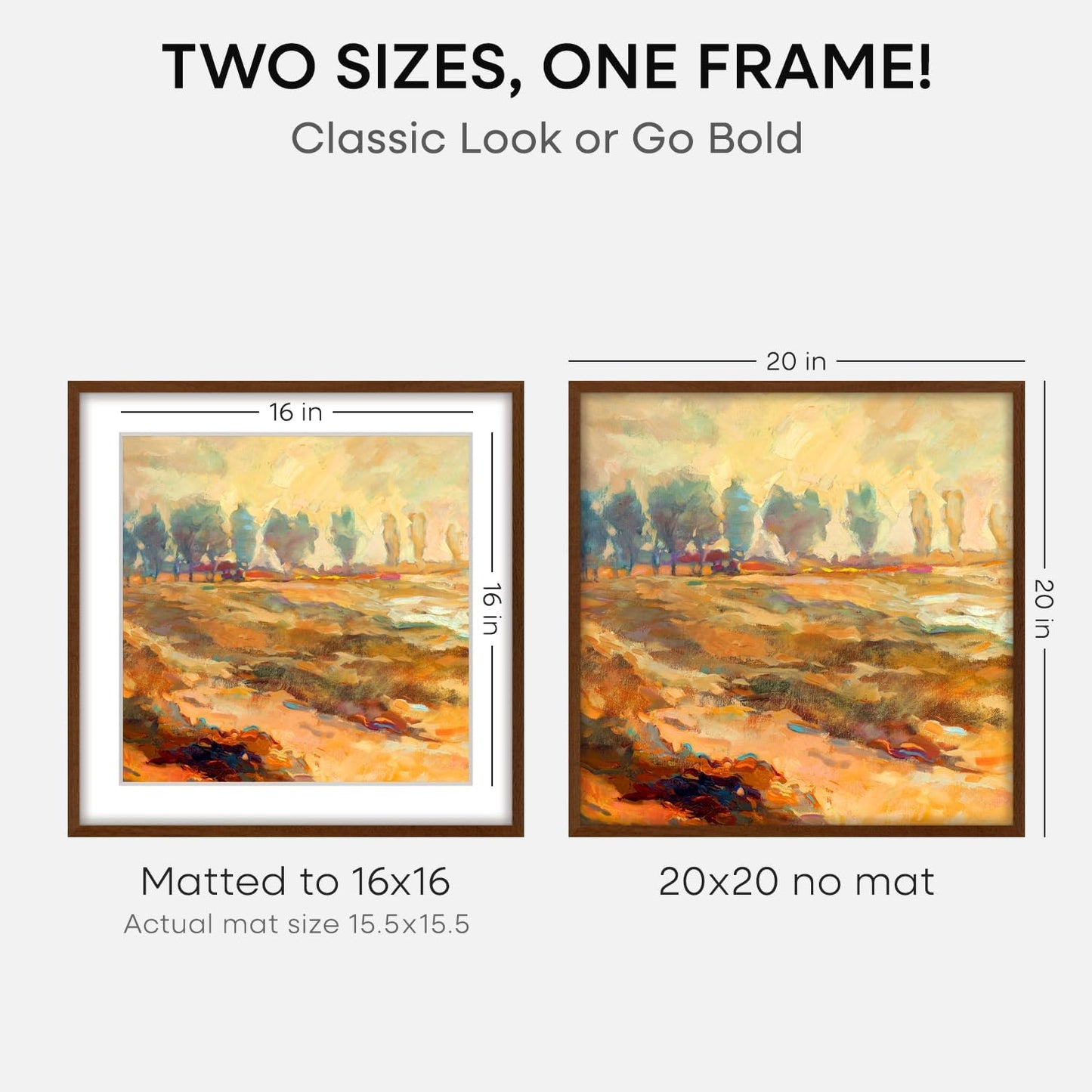 Homeforia 20x20 Brown Picture Frame, High End Dark Oak 20 x 20 Square Wood Frame with Mat 16 x 16 for Photo, 20by20 Wooden Walnut Poster Frame Matted to 16x16 Print, Tempered Glass, Wall Kit, Set of 1