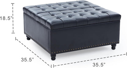 Tbfit Large Square Storage Ottoman Bench, Tufted Upholstered Coffee Table Ottomans with Lift Top & Solid Wood Legs, Oversized Storage Ottomans Toy Box for Living Room (Black)