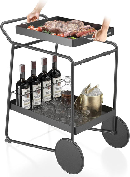 Outdoor Grill Cart Table with Extra-Large Wheel, 24" x 16" Removable Tray & Ergonomic Handle, Indoor and Outdoor Pizza Oven Table for Garden Patio BBQ Kitchen Food Prep Cart for Party
