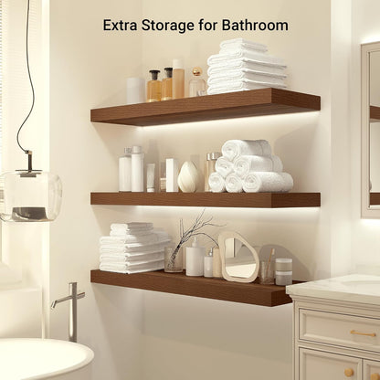 Heimlove 24 x 12 Inch Deep Floating Shelves Wall Mounted with Invisible Brackets,Storage Hanging Shelf for Wall Decor in Bathroom, Bedroom, Toilet, Kitchen, Living Room, Office Set of 1 (Walnut)