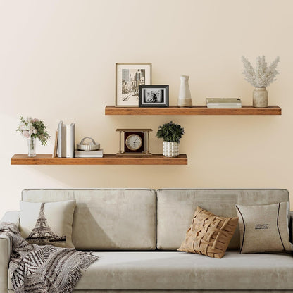 HOOBRO Floating Shelves for Wall, Wall Mounted Shelf Set of 2, 55" Hanging Shelf with Invisible Brackets, for Wall in Bathroom, Bedroom, Toilet, Kitchen, Living Room, Office, Rustic Brown BF140BJP201