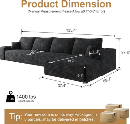 136" Sectional Couches for Living Room Modern Modular Sofa with L-Shape Couchs Upholstered Boneless Couch Deep Seat Sectional Couch with Chaise (Black, Right Facing Chaise+3Seaters)