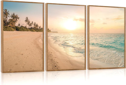 Aurlan Tropical Beach Sunset Framed Wall Art(16"x24"), 3PCS Coastal Ocean Island Canvas Artwork, Vintage Seascape Landscape Scenery Decor Prints for Office Home
