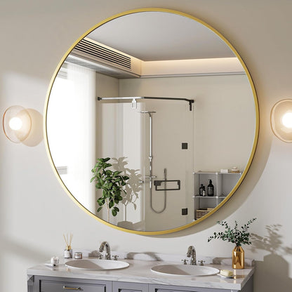 BEAUTYPEAK 48 Inch Round Mirror, Metal Frame Circle Mirror, Wall Mounted for Entryway, Bathroom, Vanity, Living Room, Gold