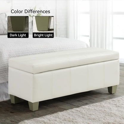 51" Faux Leather Storage Ottoman, Stitch Tufted Rectangle Upholstered End of Bed Storage Bench, Entryway Large Couch Ottoman with Wooden Legs,White