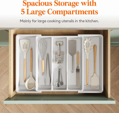 Lifewit Utensil Organizer for Kitchen Drawers, Expandable from 13‘’ to 22.4'', 15'' Depth, Plastic Cutlery Silverware Flatware Holder, Spatula Tools and Gadgets Storage, Large, White